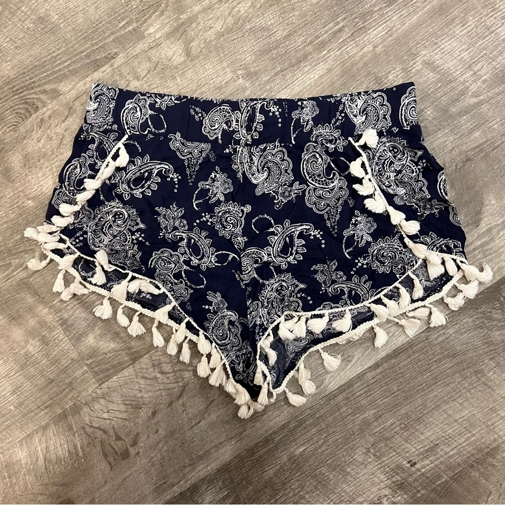 Forever 21 Navy and Cream Patterned Tassel Shorts